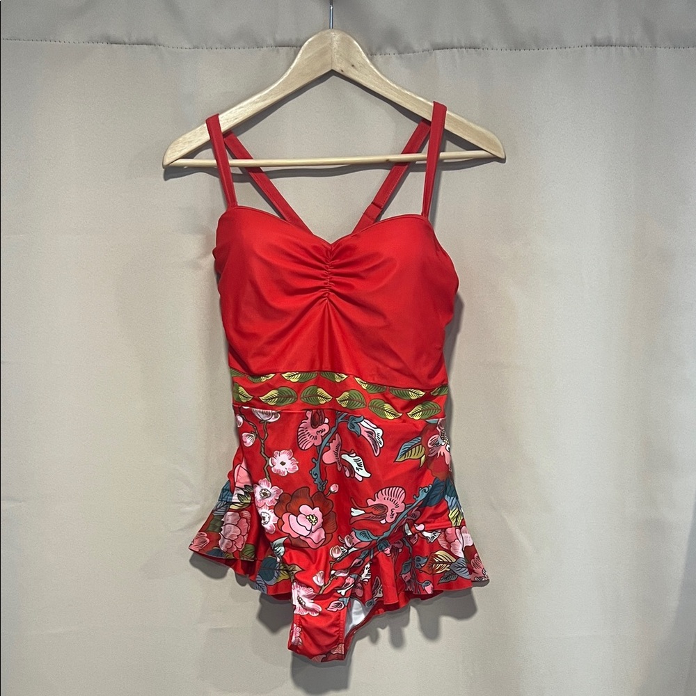 ModCloth Red Floral One-Piece Swimsuit